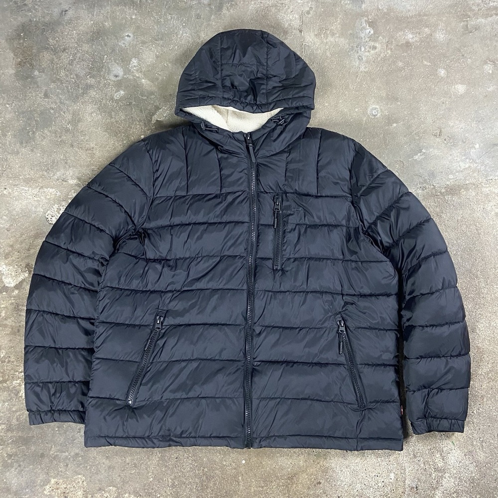 Levi's Puffer Jacket Size XXL Black Sherpa Hooded Quilted Lined Full Zip Coat